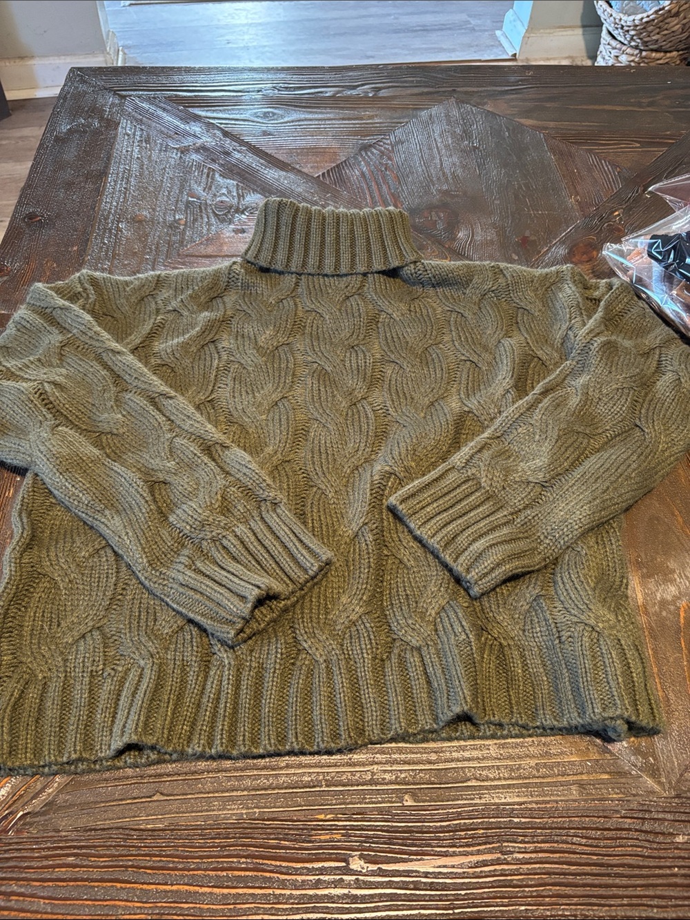 Women's Olive Green Cable Knit Turtleneck Sweater